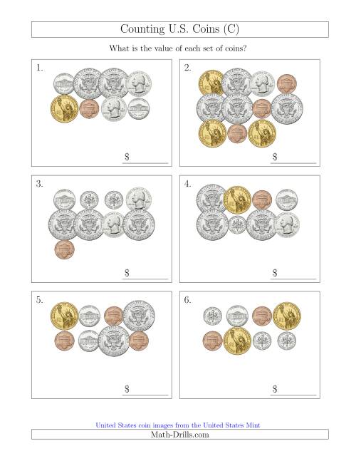 The Counting U.S. Coins Including Half and One Dollar Coins (C) Math Worksheet