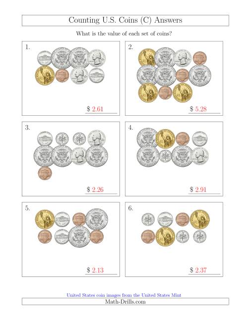 The Counting U.S. Coins Including Half and One Dollar Coins (C) Math Worksheet Page 2