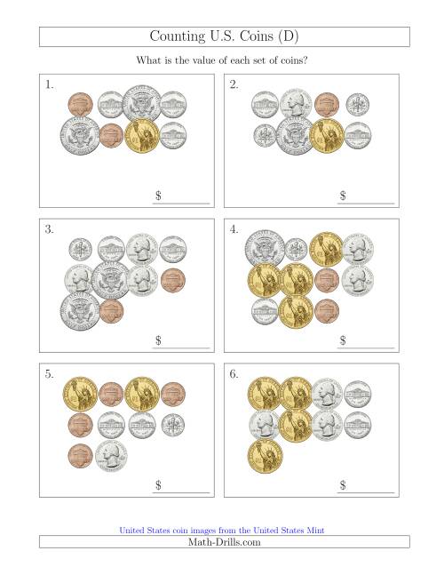 The Counting U.S. Coins Including Half and One Dollar Coins (D) Math Worksheet