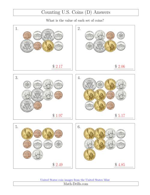 The Counting U.S. Coins Including Half and One Dollar Coins (D) Math Worksheet Page 2