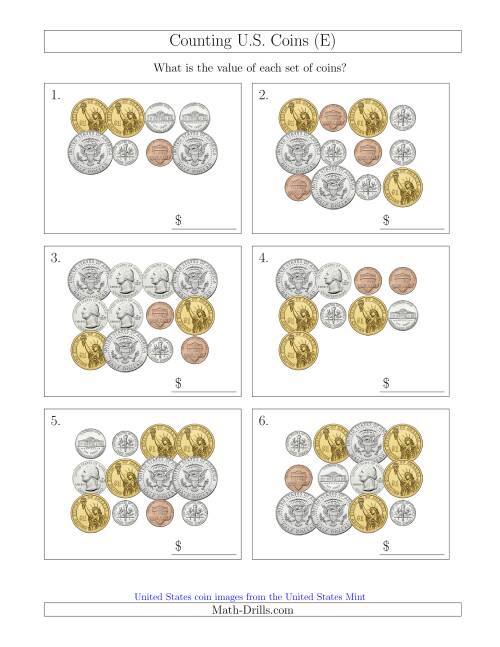 The Counting U.S. Coins Including Half and One Dollar Coins (E) Math Worksheet