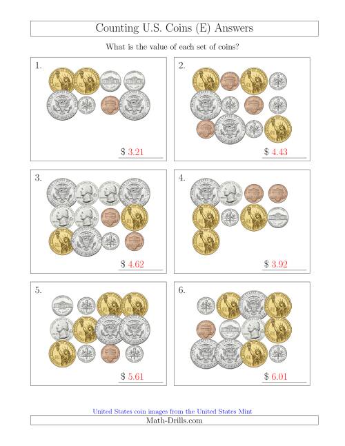 The Counting U.S. Coins Including Half and One Dollar Coins (E) Math Worksheet Page 2