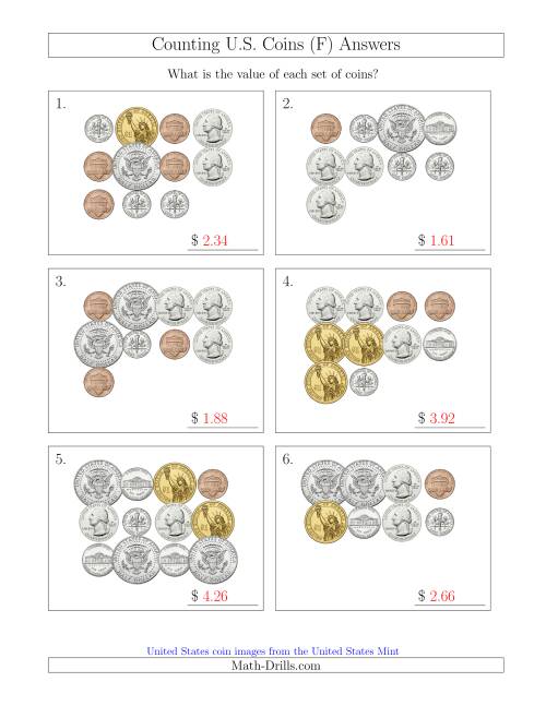 The Counting U.S. Coins Including Half and One Dollar Coins (F) Math Worksheet Page 2