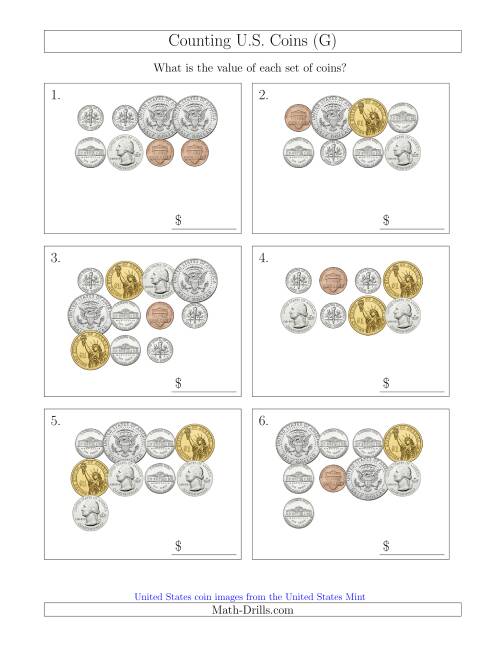 The Counting U.S. Coins Including Half and One Dollar Coins (G) Math Worksheet