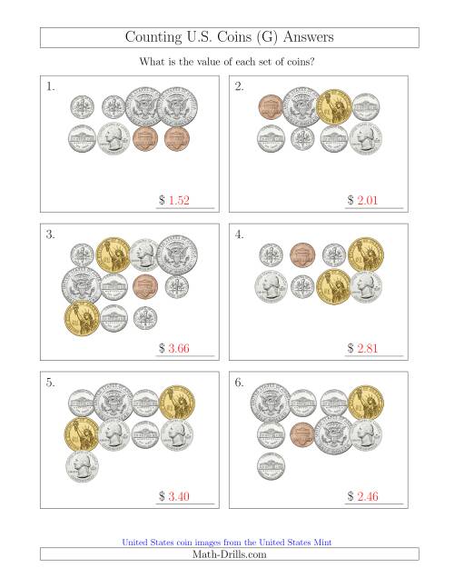 The Counting U.S. Coins Including Half and One Dollar Coins (G) Math Worksheet Page 2