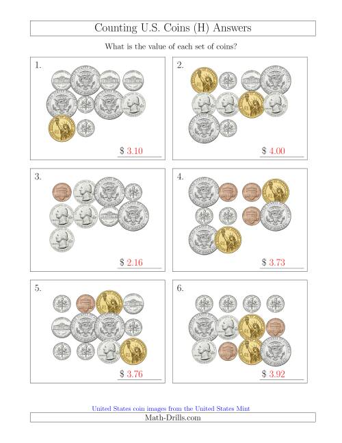 The Counting U.S. Coins Including Half and One Dollar Coins (H) Math Worksheet Page 2