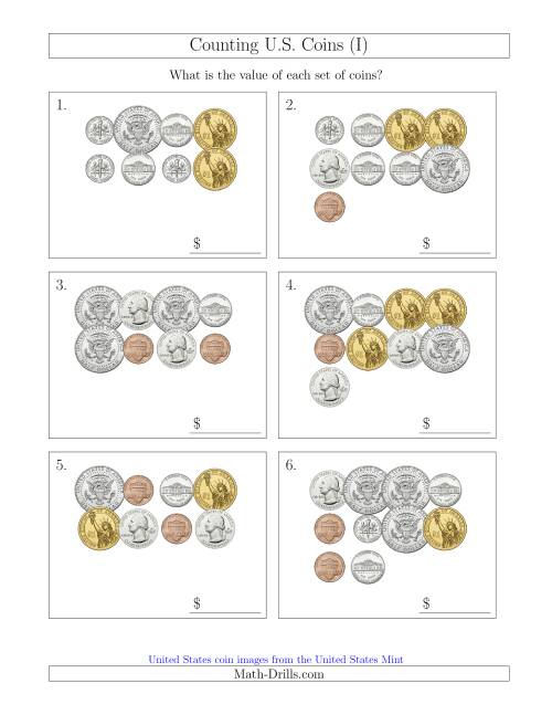 The Counting U.S. Coins Including Half and One Dollar Coins (I) Math Worksheet