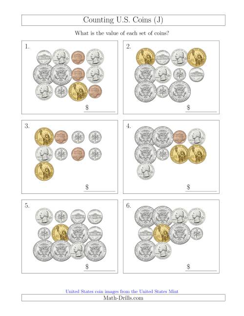The Counting U.S. Coins Including Half and One Dollar Coins (J) Math Worksheet