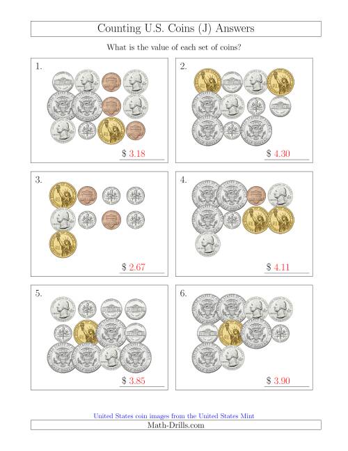 The Counting U.S. Coins Including Half and One Dollar Coins (J) Math Worksheet Page 2