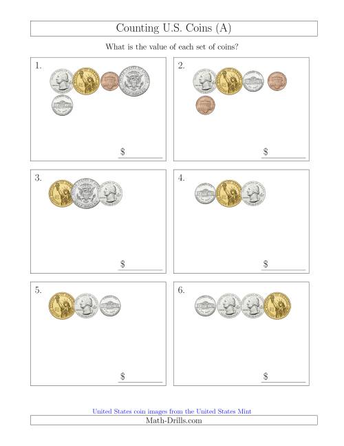 The Counting Small Collections of U.S. Coins Including Half and One Dollar Coins (A) Math Worksheet