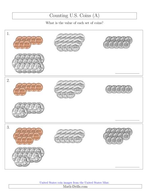 The Counting U.S. Coins Sorted Version (A) Math Worksheet