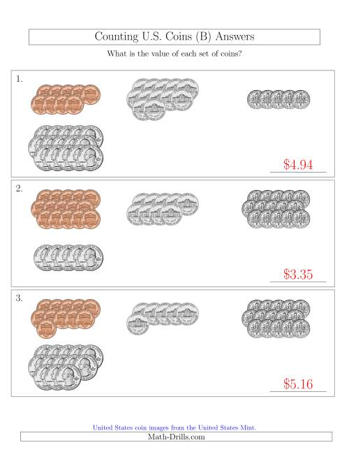 The Counting U.S. Coins Sorted Version (B) Math Worksheet Page 2