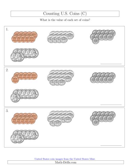 The Counting U.S. Coins Sorted Version (C) Math Worksheet