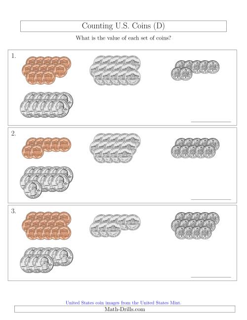 The Counting U.S. Coins Sorted Version (D) Math Worksheet