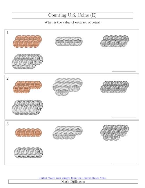 The Counting U.S. Coins Sorted Version (E) Math Worksheet