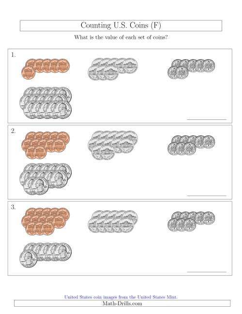 The Counting U.S. Coins Sorted Version (F) Math Worksheet