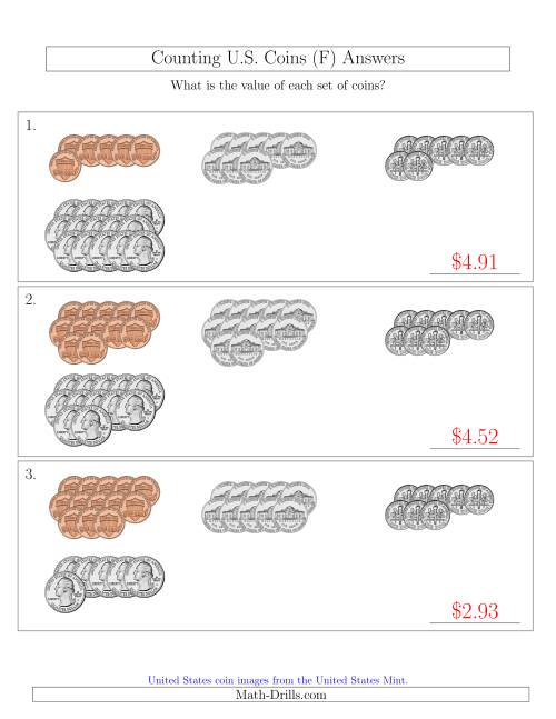 The Counting U.S. Coins Sorted Version (F) Math Worksheet Page 2