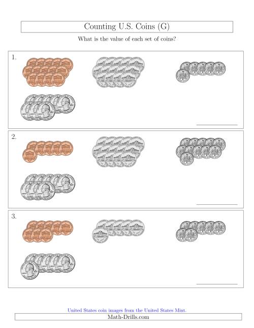 The Counting U.S. Coins Sorted Version (G) Math Worksheet