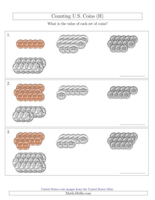 The Counting U.S. Coins Sorted Version (H) Math Worksheet