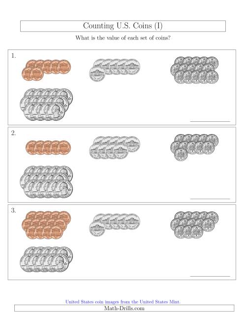 The Counting U.S. Coins Sorted Version (I) Math Worksheet