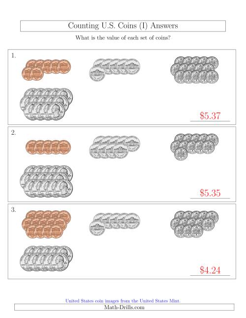 The Counting U.S. Coins Sorted Version (I) Math Worksheet Page 2
