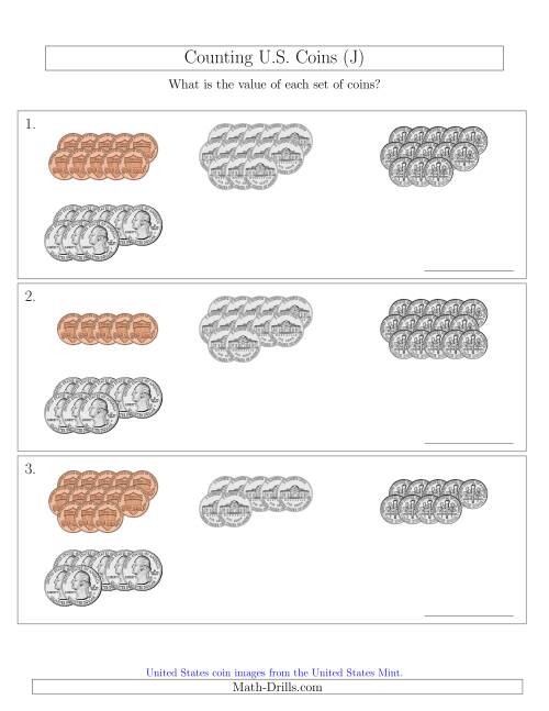 The Counting U.S. Coins Sorted Version (J) Math Worksheet