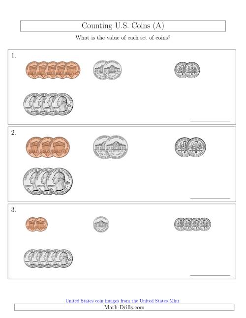 The Counting Small Collections of U.S. Coins Sorted Version (A) Math Worksheet