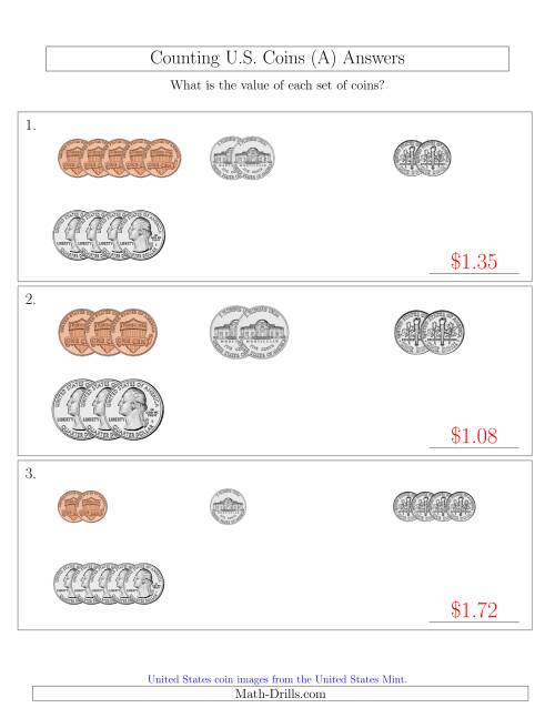 The Counting Small Collections of U.S. Coins Sorted Version (A) Math Worksheet Page 2