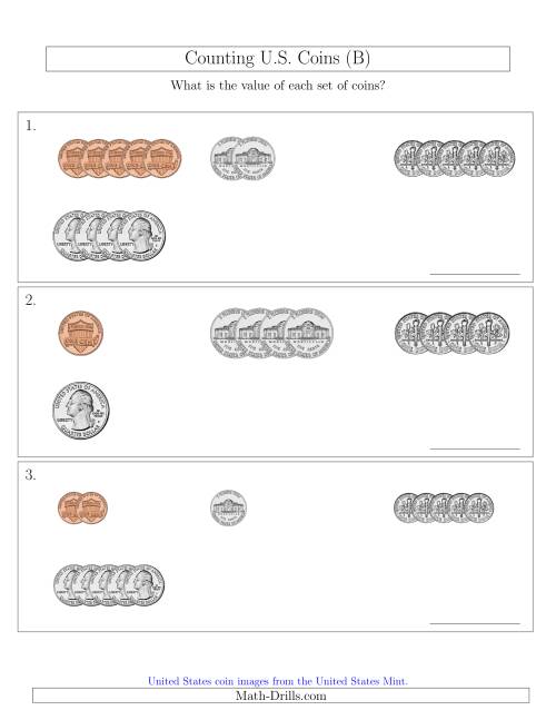 The Counting Small Collections of U.S. Coins Sorted Version (B) Math Worksheet