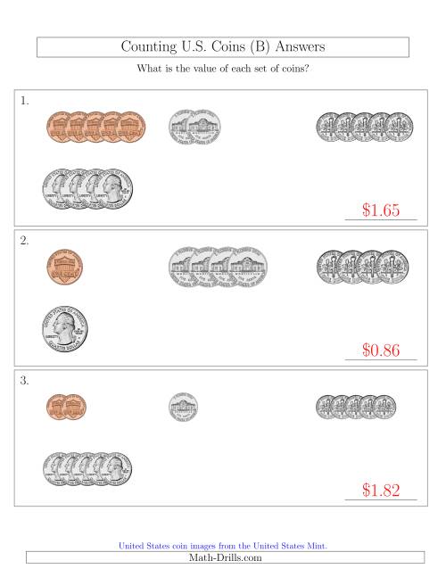 The Counting Small Collections of U.S. Coins Sorted Version (B) Math Worksheet Page 2