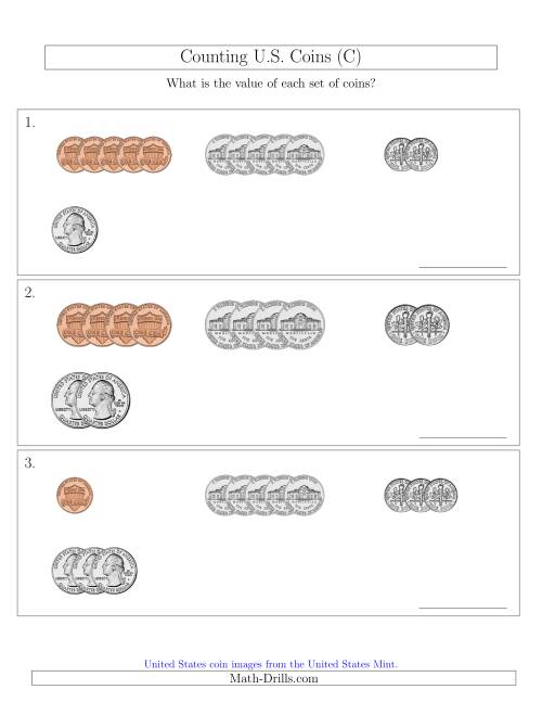 The Counting Small Collections of U.S. Coins Sorted Version (C) Math Worksheet