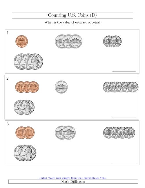 The Counting Small Collections of U.S. Coins Sorted Version (D) Math Worksheet