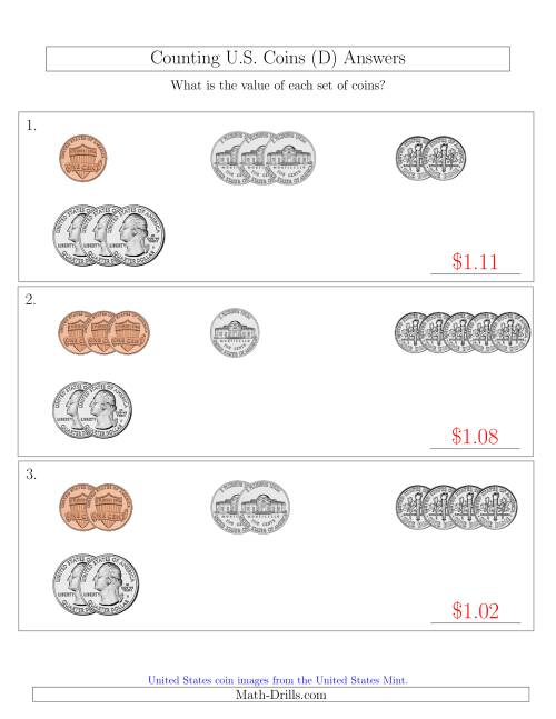 The Counting Small Collections of U.S. Coins Sorted Version (D) Math Worksheet Page 2