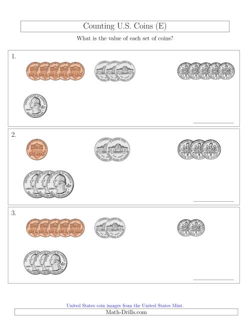 The Counting Small Collections of U.S. Coins Sorted Version (E) Math Worksheet