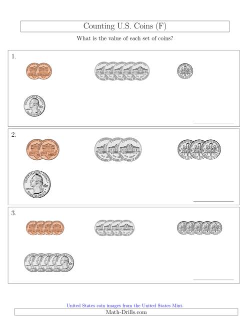 The Counting Small Collections of U.S. Coins Sorted Version (F) Math Worksheet