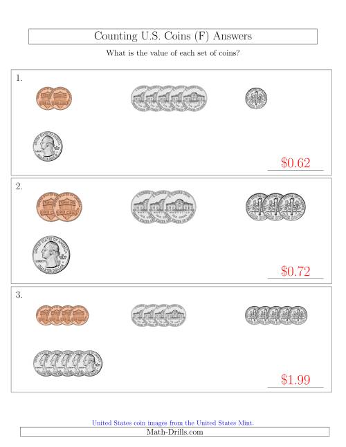 The Counting Small Collections of U.S. Coins Sorted Version (F) Math Worksheet Page 2