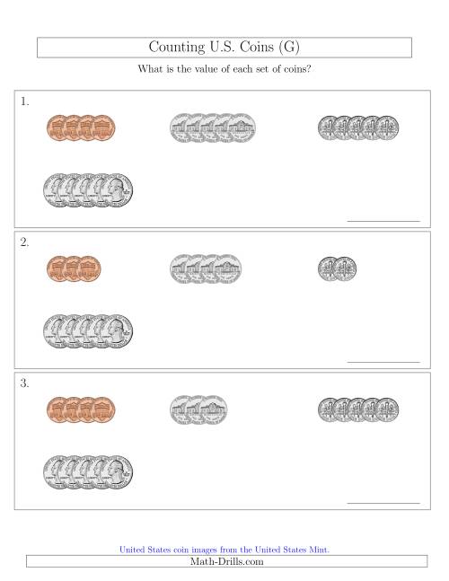 The Counting Small Collections of U.S. Coins Sorted Version (G) Math Worksheet