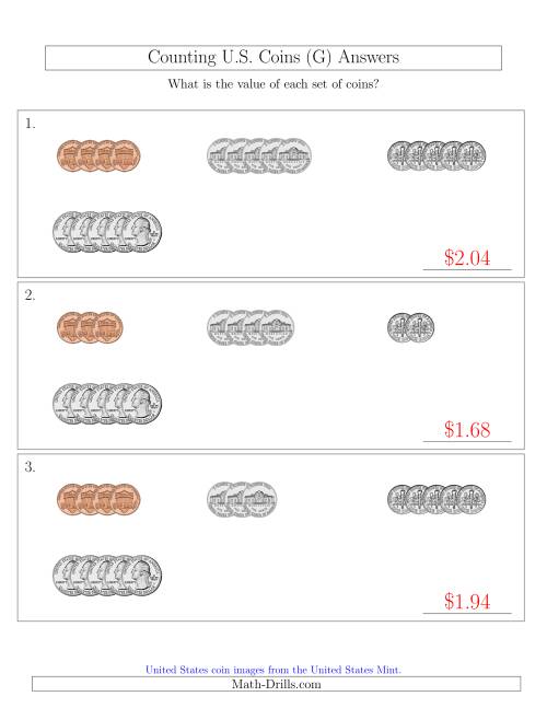 The Counting Small Collections of U.S. Coins Sorted Version (G) Math Worksheet Page 2