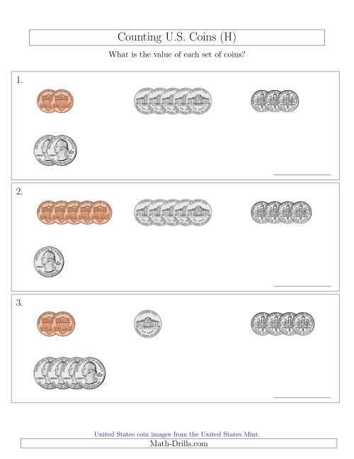 The Counting Small Collections of U.S. Coins Sorted Version (H) Math Worksheet