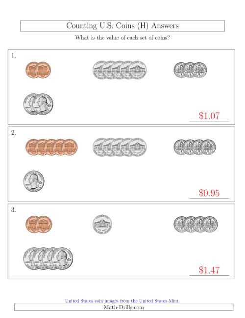 The Counting Small Collections of U.S. Coins Sorted Version (H) Math Worksheet Page 2