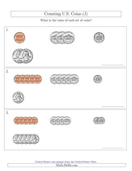The Counting Small Collections of U.S. Coins Sorted Version (J) Math Worksheet