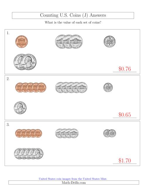 The Counting Small Collections of U.S. Coins Sorted Version (J) Math Worksheet Page 2