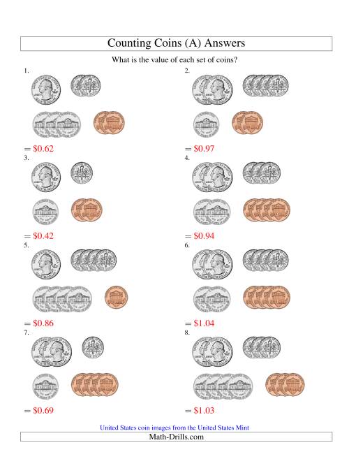 The Counting U.S. Coins -- Small Collections Sorted Version (Old) Math Worksheet Page 2