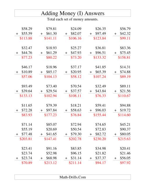 The Adding U.S. Money to $100 (I) Math Worksheet Page 2
