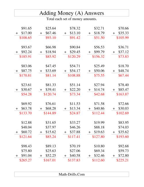 The Adding U.S. Money to $100 (All) Math Worksheet Page 2