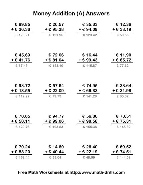 The Adding Euro Money to €100 (Old) Math Worksheet Page 2