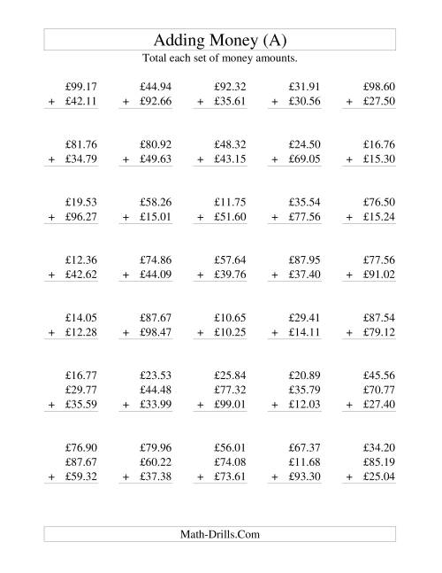 The Adding British Money to £100 (A) Math Worksheet
