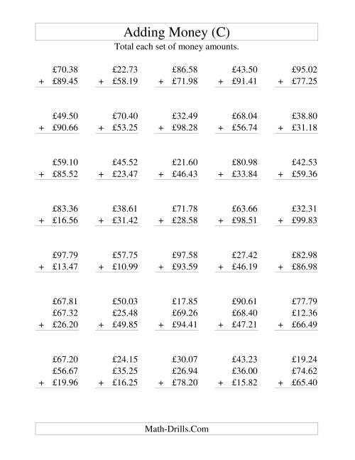 The Adding British Money to £100 (C) Math Worksheet