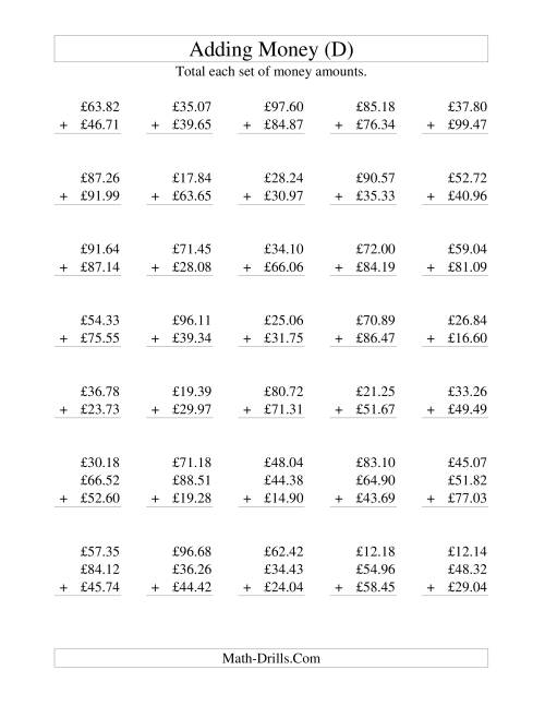 The Adding British Money to £100 (D) Math Worksheet