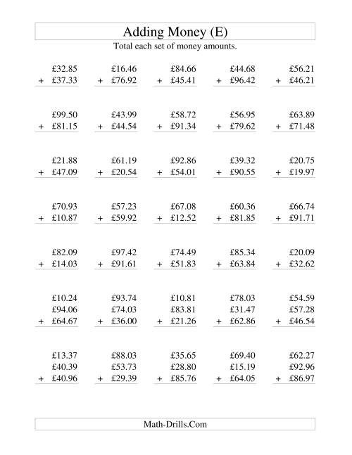 The Adding British Money to £100 (E) Math Worksheet